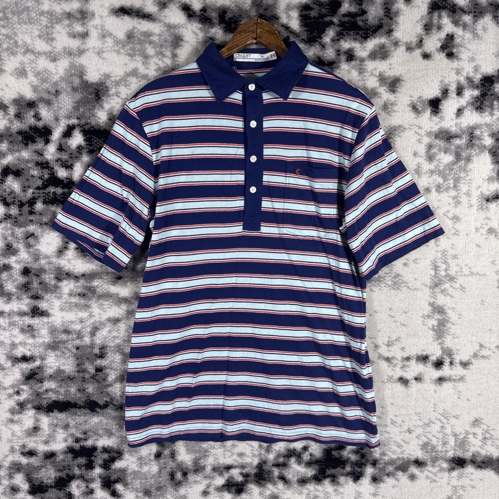 Criquet Shirt Mens Size Medium Striped Button Neck Short Sleeve Preppy Golf‎